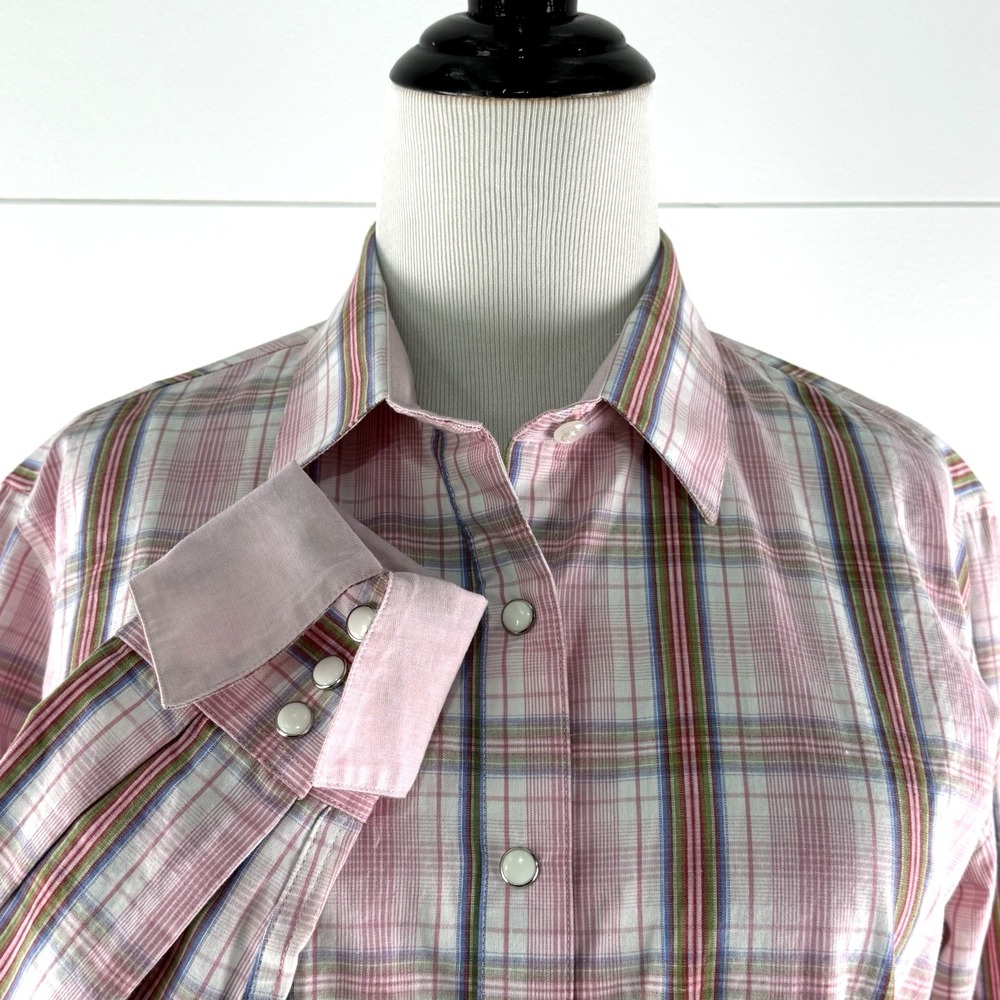 Panhandle Slim Western Pearl Snap Top Women M Rodeo Pink Plaid Flip Cuff Cowgirl
